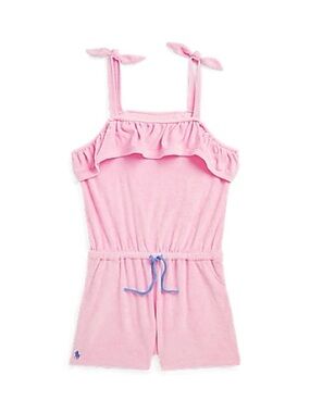 Polo Ralph Lauren Girls Pink Ruffled Cotton-Blend Terry Romper M (8-10)